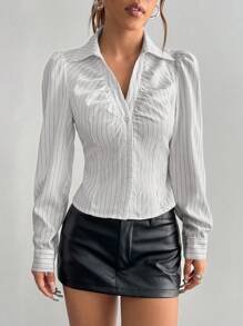 Flirla Women's Striped Black And White V-Neck Fitted Shirt