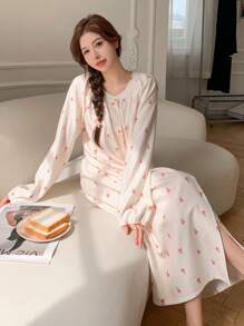 DAZY 条纹印花宽松睡裙，返校睡衣，宽松睡衣，秋季，冬季