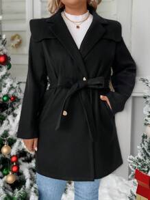 SHEIN LUNE Plus Size Solid Color Long Sleeve Front Button Waist Tie Lapel Collar Jacket, Casual Daily