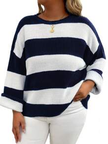 Flirla 大码拼色条纹落肩宽松毛衣，秋冬季休闲款 - 寶藍色 - 查看 3