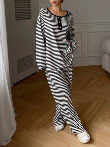 DAZY 1 conjunto Pijama casual con abertura parcial y forro térmico con estampado de rayas, de invierno