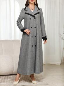 Modelyn 女士编织纯灰色拼接翻领纽扣长袖 A 字形大衣 - 灰色 - 查看 7