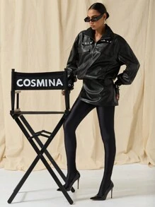 COSMINA 女士时尚拉链前半襟收腰 PU 皮革连衣裙，适合秋季 - 黑色 - 查看 7