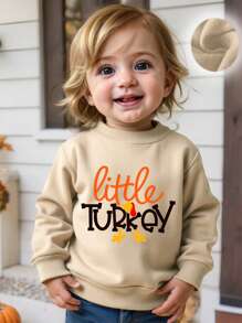 Baby Boy Turkey Letter Print Minimalist Fleece Crew Neck Long Sleeve Sweatshirt, Suitable For Thanksgiving Season Autumn/Winter - Apricot - View 1