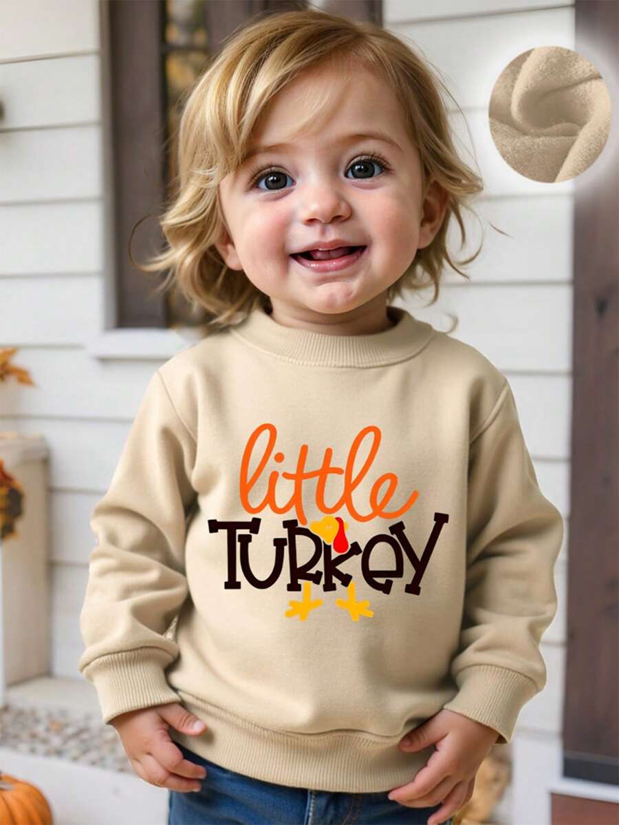 Baby Boy Turkey Letter Print Minimalist Fleece Crew Neck Long Sleeve Sweatshirt, Suitable For Thanksgiving Season Autumn/Winter - Apricot - View 1