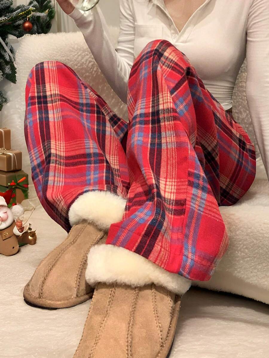 DAZY 女士宽松格子直筒裤，秋冬休闲长裤，圣诞节和新年拉绒 - 紅色 - 查看 1