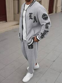 Manfinity Homme Plus Size Men's Letter Print Zip-Up Jacket And Pants Casual Tracksuit, Men 2 Pieces Set, Men Tracksuit Set, Men Outerwear Co Ords, Fall Clothes