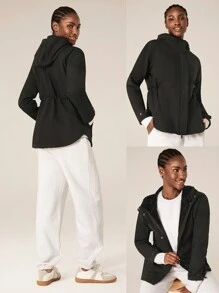 GLOWMODE 羊毛宽松版型可调节抽绳腰带连帽衬衫式夹克日常休闲 - 黑色 - 查看 7