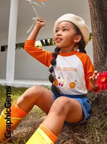2pcs/Set Young Girl' Cartoon Squirrel & Hedgehog Print Crew Neck Raglan Sleeve T-Shirts - Orange - View 4