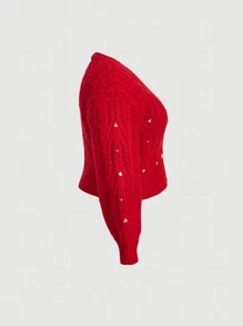 SHEIN MOD Plus Size Red Cute & Lovely Beaded Lantern Sleeve Cropped Sweater Cardigan - Red - View 5