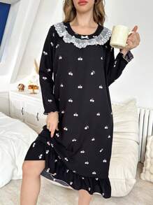 CottageSlumber Black Cherry Ruffled Puff Splice Ladies Nightgown Babydoll Holiday Season - Black - View 5