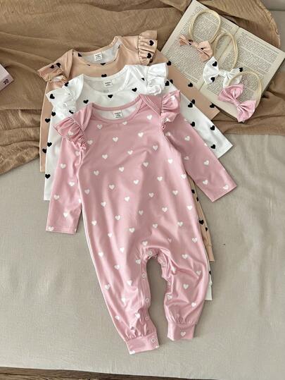 SHEIN LMoss Kids 3件套新生女宝宝可爱爱心波点图案针织连体衣套装，含发带，秋冬印花