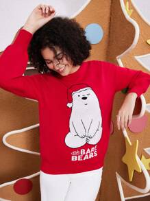 We Bare Bears X SHEIN 女士冬季，红色圣诞毛衣，圣诞帽，熊图案，可爱图案，丑毛衣，日常，休闲，圣诞节 - 紅色 - 查看 4