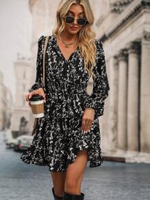 SHEIN Clasi Váy suông tay loe in hoa giản dị cho nữ, eo nhún bèo, mùa thu - màu đen - Xem 6