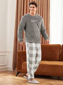 Manfinity Underwear&Sleepwear Basics Men 2pcs/Set Letter Embroidered Top & Plaid Flannel Pants Fluffy Pajama Set, Fall Winter Clothes, Cozy