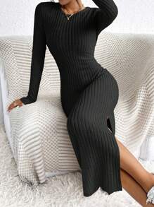 SHEIN Frenchy Váy bó sát vải dệt kim xẻ đùi có họa tiết - màu đen - Xem 4