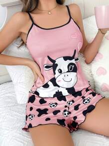 Conjunto de pijama de mujer con diseño de vaca corazón, 2 piezas