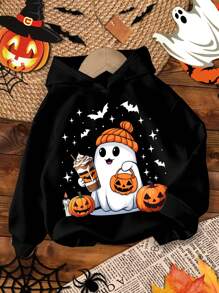 SHEIN Leap Crew 男婴针织柔软休闲加厚连帽运动衫，秋季万圣节服装 - 黑色 - 查看 1