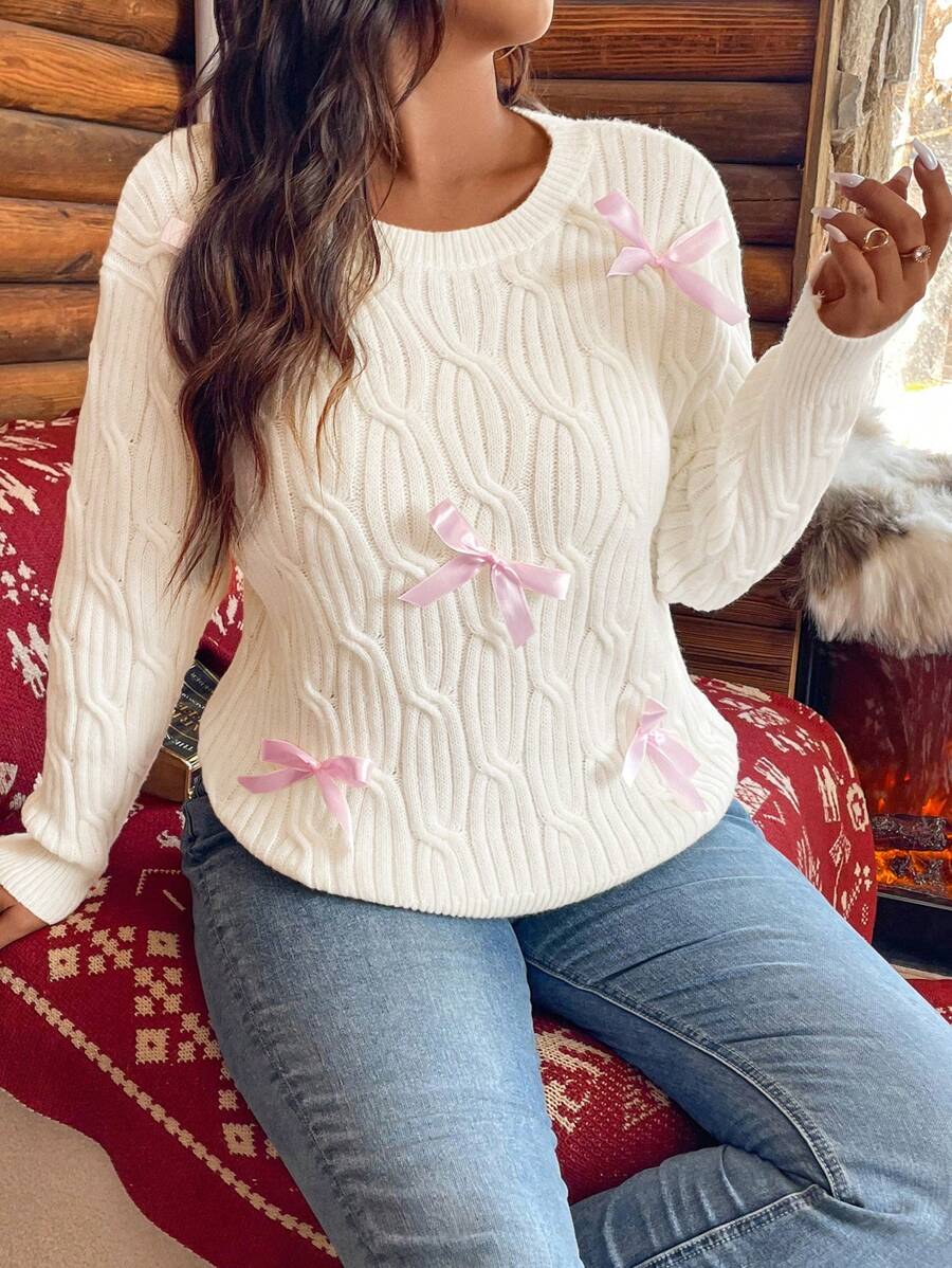 Calvaya 大码圆领长袖蝴蝶结装饰休闲套头毛衣