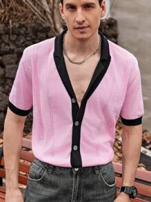 Manfinity Homme Camisa de punto de manga corta casual de hombre con colorblock y parches - Rosa - Ver 5
