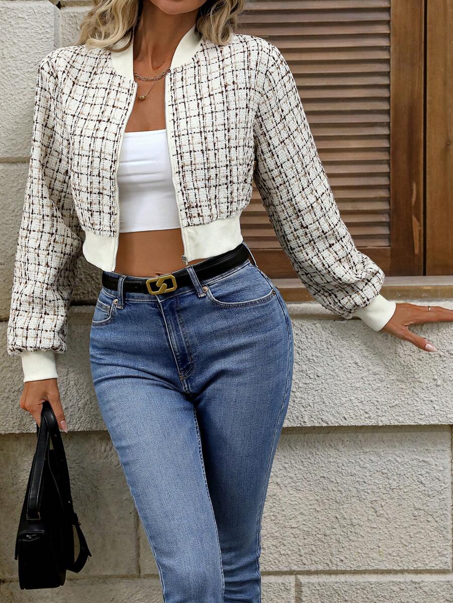 Chiquease Stylish Textured Ribbed Zip-Up Bomber Jacket For Casual Wear, Autumn Fall Cloth For Women - Apricot - View 1