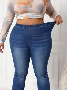SHEIN CURVE+ Quần Jeans Skinny Loe Co Giãn Cỡ Lớn, Màu Xanh - Rửa trung bình - Xem 1