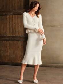 Anewsta Beige Elegant Ruffle Trim Knitted Dress For Women - Apricot - View 6