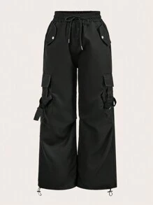 SHEIN Outdoor Urban 美式抽绳休闲工装裤女复古高腰宽松直筒阔腿裤春秋新品 - 黑色 - 查看 1