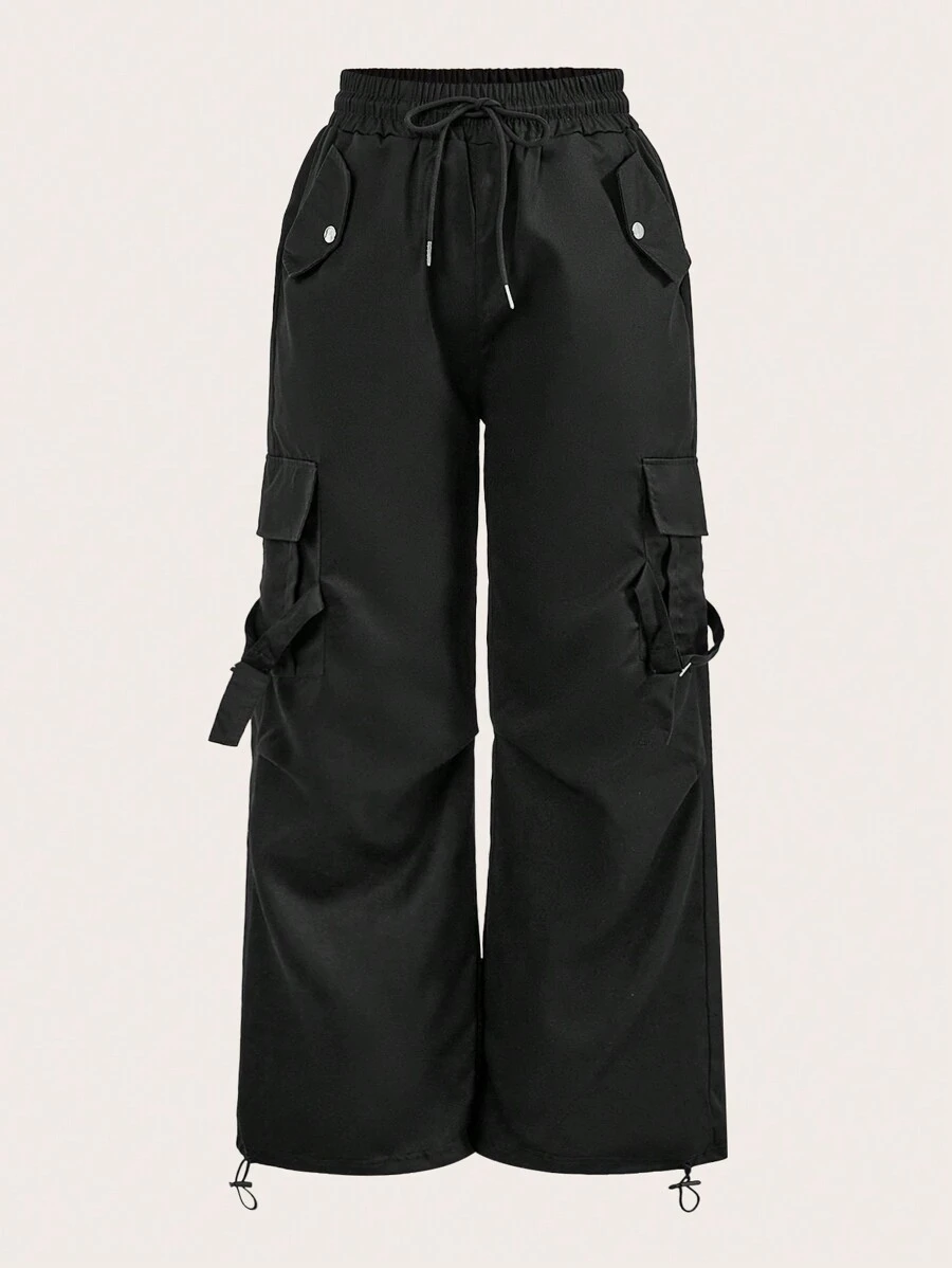 SHEIN Outdoor Urban 美式抽绳休闲工装裤女复古高腰宽松直筒阔腿裤春秋新品 - 黑色 - 查看 1