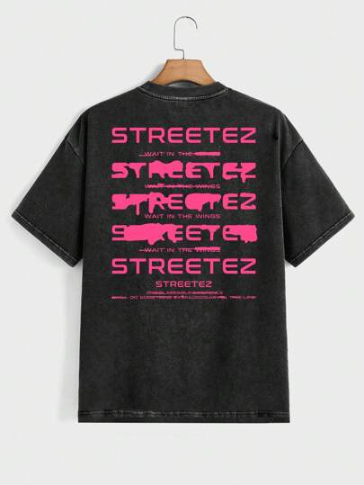 Manfinity VCAY Camiseta de manga corta de corte holgado con texto en inglés y lavado ácido, adecuada para el verano