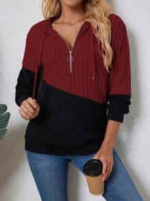 SHEIN Sudadera casual de punto acanalado de dos tonos con cremallera y cordón, para primavera y otoño, graduación, maestras, vuelta al colegio, para mujer, otoño e invierno - Rojo - Ver 1