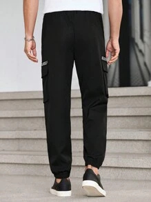 Manfinity Homme Men's Solid Color Front Lace-Up & Letter Print Pocket Casual Long Pants'