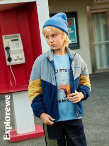 SHEIN Tween 男童时尚休闲拼色字母刺绣羊毛夹克，适合户外穿着 - 彩色 - 查看 8