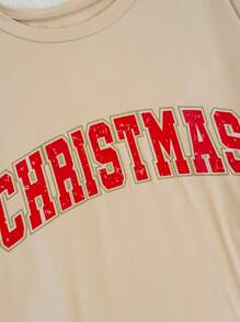 SHEIN Privé 大码休闲宽松圆领长袖圣诞节和新年字母印花女式 T 恤，分层上衣，浅色 - 黑色 - 查看 5