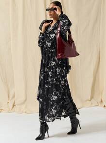 COSMINA Autumn/Winter Women All-Over Print V-Neck Long Sleeve Long Dress