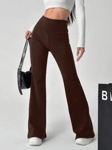 SHEIN EZwear Quần ống loe ấm áp mùa thu đông màu đen có lót nhiệt - màu nâu - Xem 6