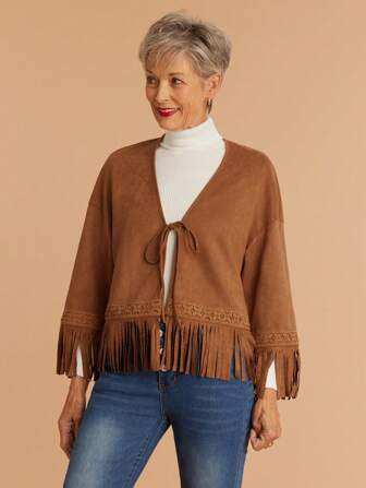 Miaspire Damen Lässig Wildleder Fransen Offene Jacke