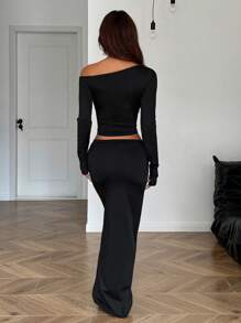 SHEIN EZwear 女士不对称肩部加长裙套装 - 黑色 - 查看 2