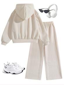 2pcs Youth Girls Casual Sports Set, New Spring Autumn Sweet Style, Sweatshirt And Pants, Oversized - Champagne - View 2