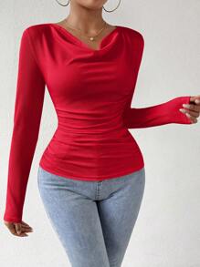 Chiquease Camiseta básica casual de manga larga de color sólido para ropa de Año Nuevo para mujeres - Rojo - Ver 4