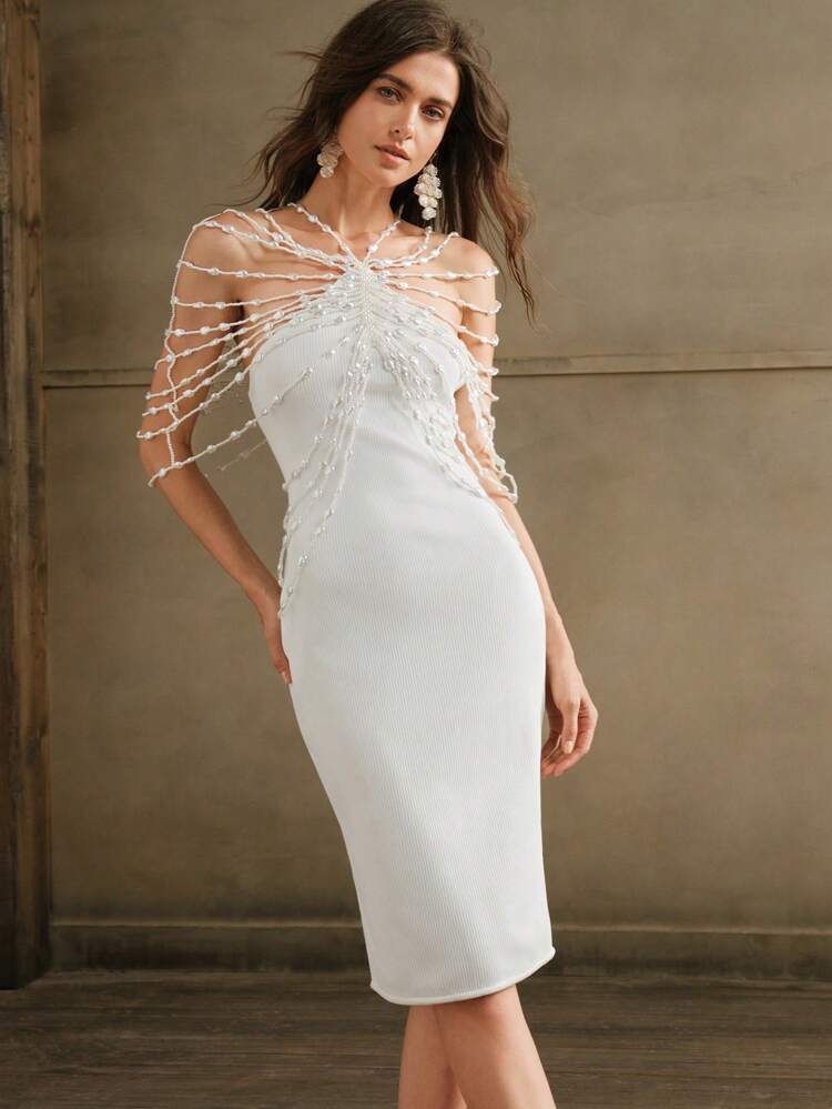 1pc Women's Elegant Asymmetrical Beaded Midi Bodycon Dress
