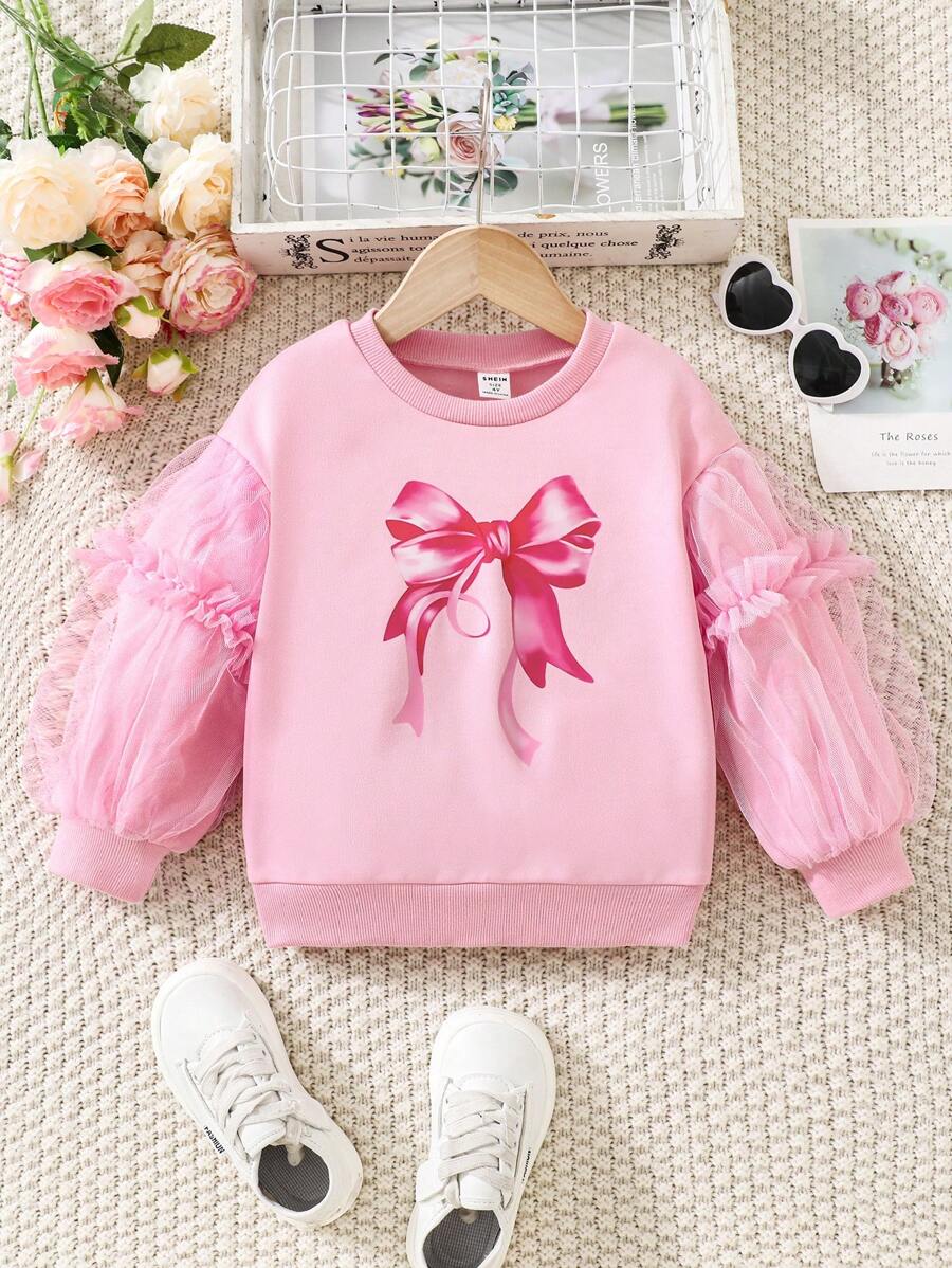 年轻女孩粉色罗纹领长袖网眼荷叶边袖蝴蝶结细节运动衫，可爱甜美舒适，适合秋冬季日常穿着 - 粉色 - 查看 1