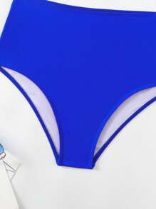 SHEIN Swim 女士度假纯色圆形链接不对称领口性感比基尼套装，分体比基尼套装，夏季海滩 - 寶藍色 - 查看 5