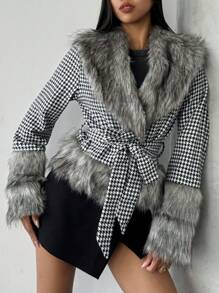 SHEIN Privé 1 pièce Veste femme en patchwork de pied-de-poule moelleuse, pour l'automne et l'hiver