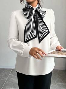 Elenzga 大码休闲优雅系领宽松通勤衬衫，秋季 - 白色 - 查看 3