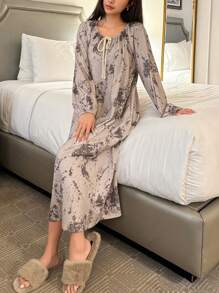 DAZY Splatter Print Pleated Loose Nightgown Pajama - Khaki - View 2