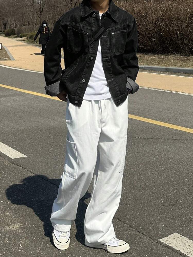 Men Plain Color Denim Jacket, Casual For Autumn