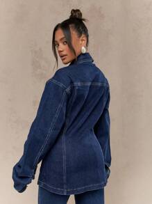 MISSGUIDED Cinched Waist Trucker Jacket Modern Longline Classic Outerwear Fall Spring Four Season Streetwear Double Chest Pockets Structured Silhouette Western Design Flattering - Blue - View 2