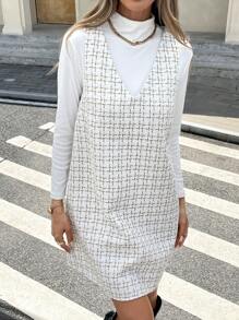 SHEIN Frenchy 女士格子印花 V 领无袖优雅连衣裙，配有背心细节 - 彩色 - 查看 3