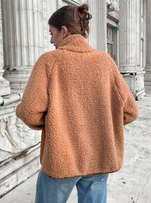 SHEIN LUNE Khaki Women Casual Fluffy Splice Pockets Jacket Basic Outerwear For Autumn/Winter